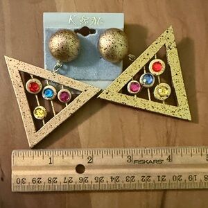 Gold Triangle Earrings with Colorful Gems